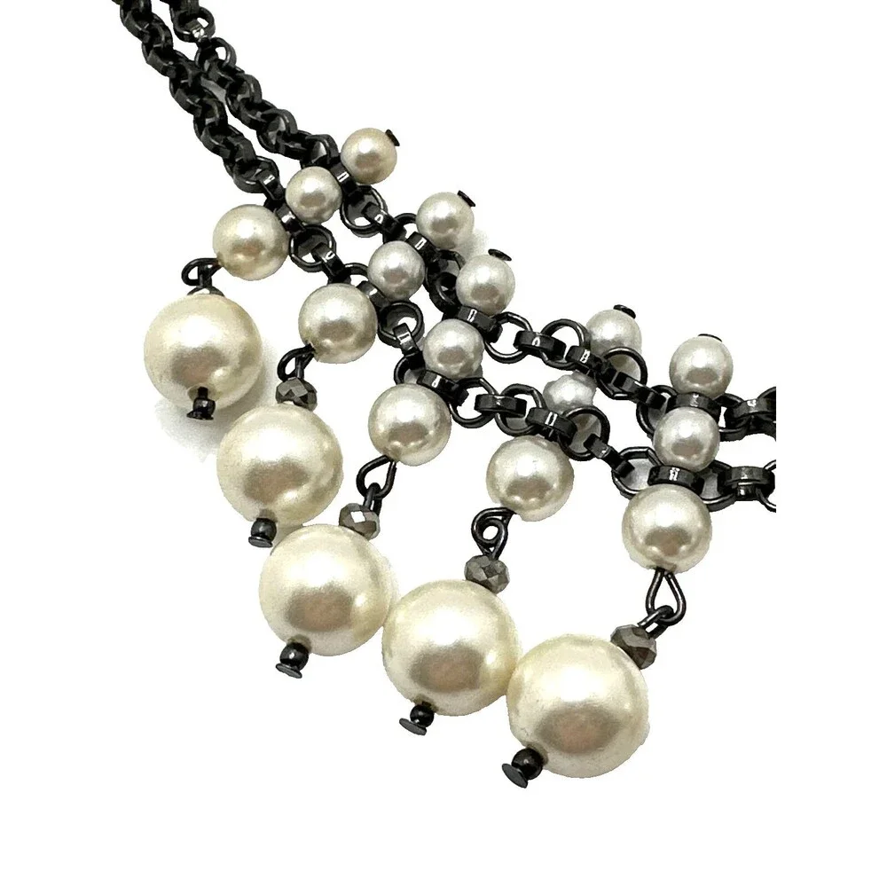 Vintage Faux Pearl Dangle Collar Necklace Black Chain Tribal Choker 14